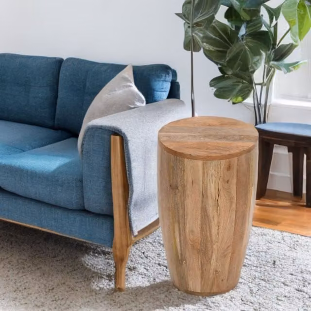 IH Design Bratton Mango Wood Drum Side Table, Brown, W/D/H: 35 x 35 x 60 cm