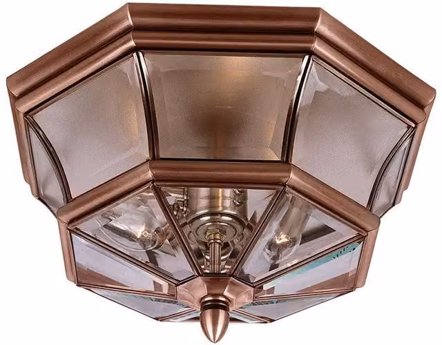 Elstead Newbury 3 Light Flush Mount Ceiling Lantern in Copper and Transparent Glass with E14 Bulbs