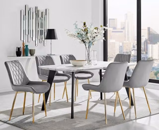 FurnitureboxUK Andria Marble Effect Dining Table with Black Legs and 6 Pesaro Grey Velvet Chairs with Gold Legs