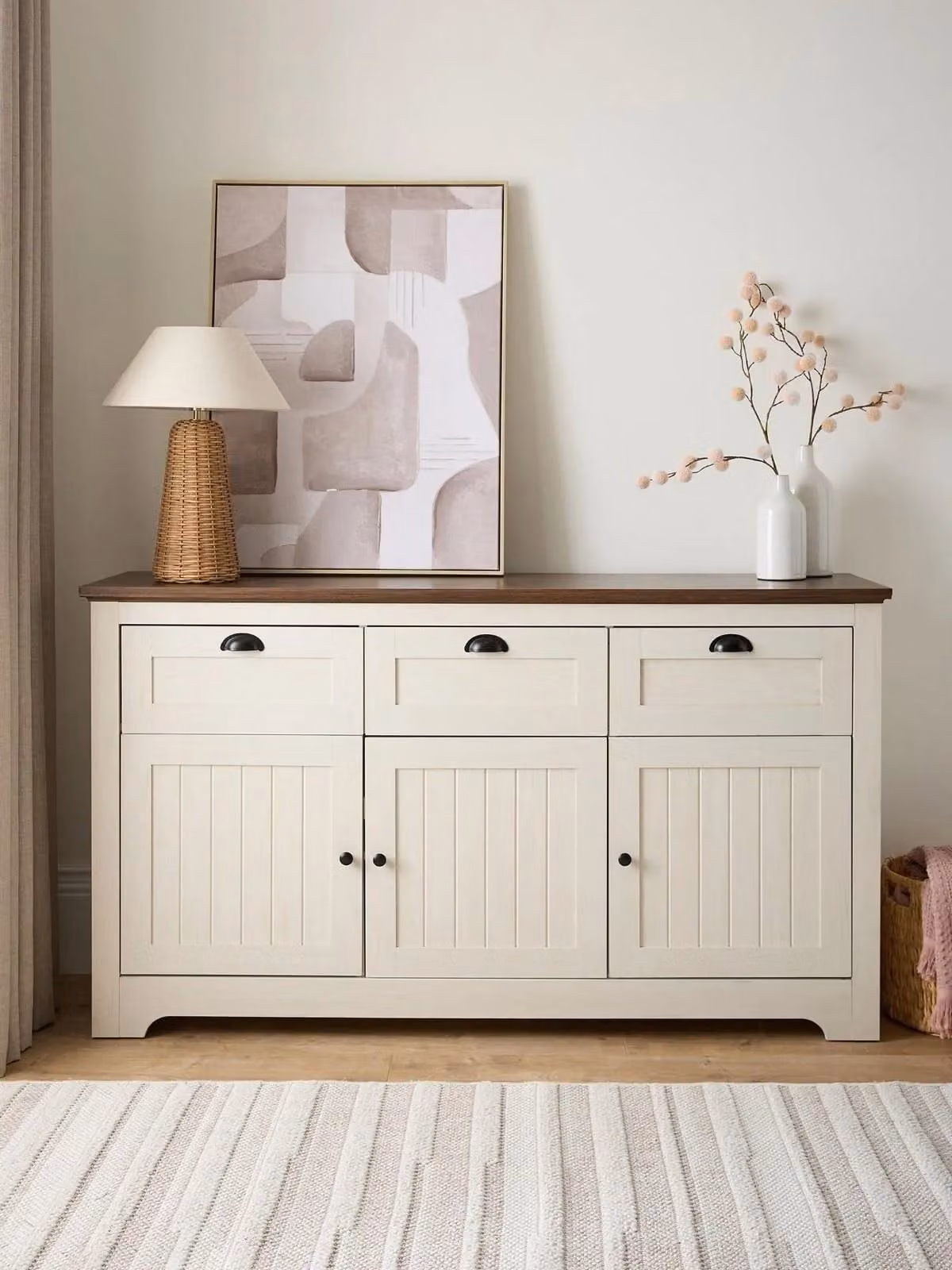 New Devon 3 Door 3 Drawer Sideboard in Ivory and Walnut Cottage Style Panelled Wood