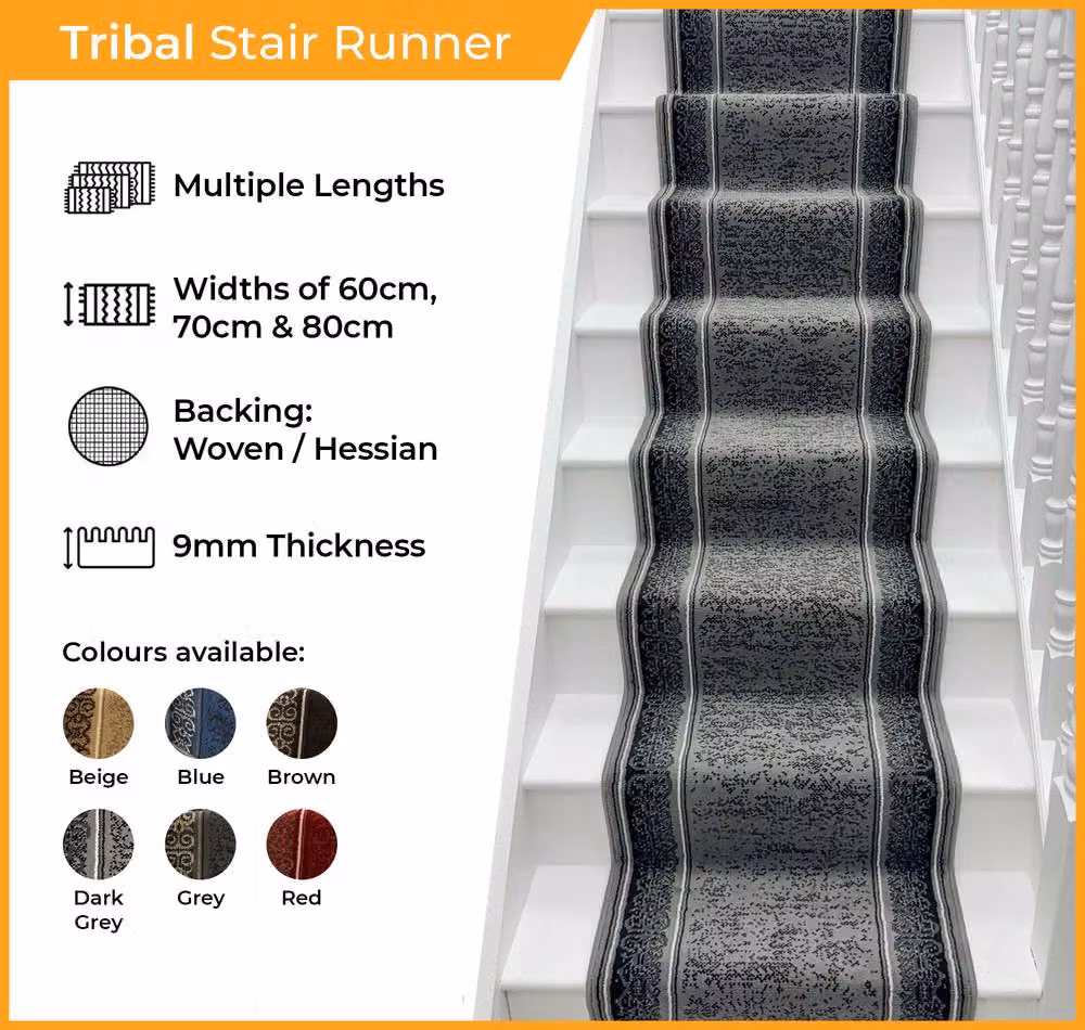 runrug Tribal Stair Runner Carpet in Grey, W: 80 cm x L: 600 cm – 2