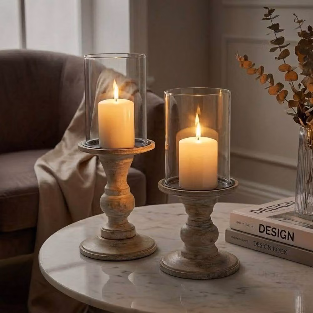 Garden Greatness Maison Pillar Candle Holder Pair, Multicolour Glass and Wood Tabletop Decor – 2