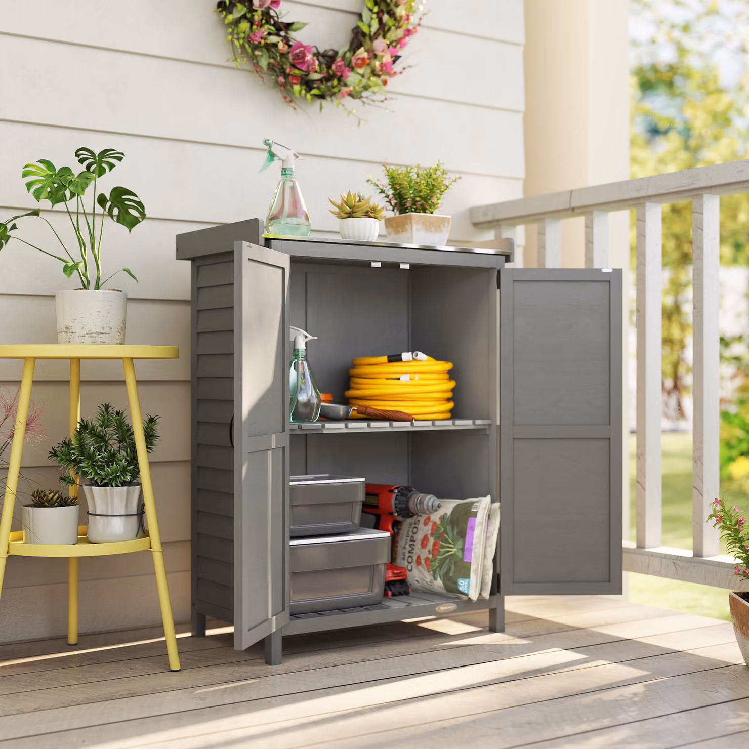 Outsunny Grey Wooden Low Cabinet with Double Doors and Shelving, W/D/H: 71.5 x 39 x 95 cm – 2