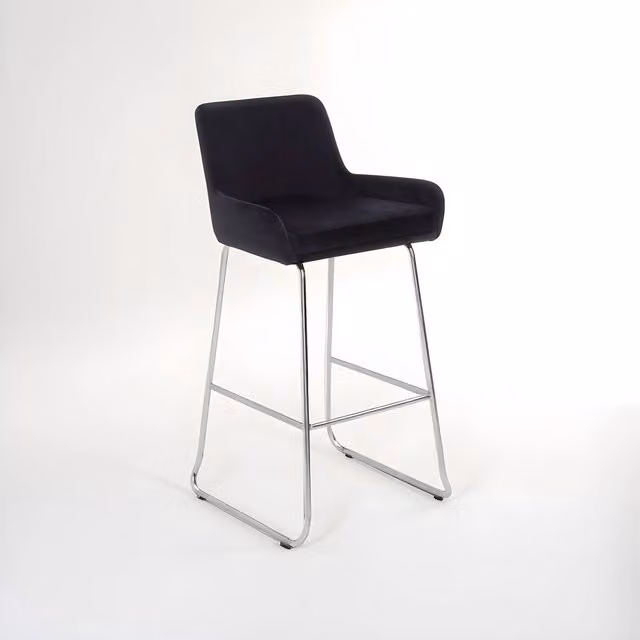 Orsina Black Velvet Bar Chair with Low Arms and Chrome Sled Base, W/D/H: 54 x 59 x 107 cm