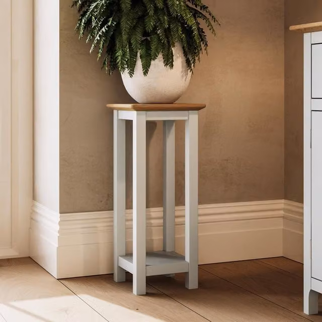 FWStyle Modern Painted Side Table with Oak Effect Top and Shelf in Beige and White