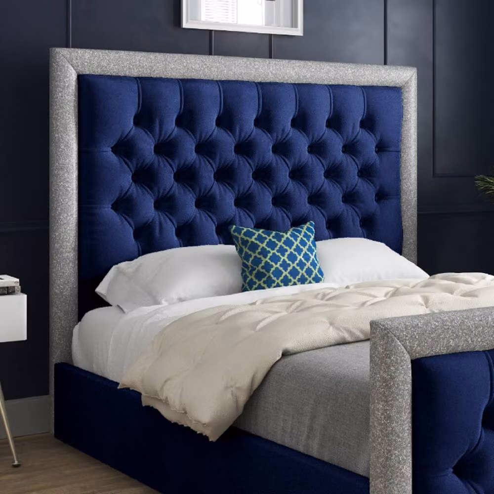 Casani Thorpe Upholstered Blue Velvet Designer Bed Frame W/D/H: 200 x 189 x 137 cm – 4