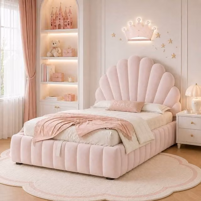 Merax Princess Single Velvet Ottoman Storage Bed with Shell Headboard, Pink, W/D/H: 90 x 190 x 136 cm