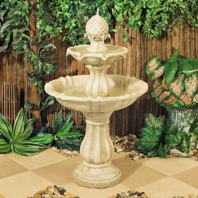 Primrose 2 Tier Elizabethan Pineapple Top Cascade Water Feature in Antique White, Yellow and Beige