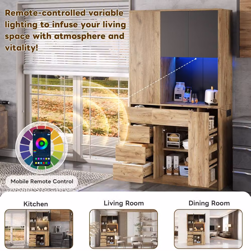Merax Modern Brown Tall Kitchen Dresser with Integrated Lighting, Internal Shelves and Bottle Rack, Height: 105 cm – 3