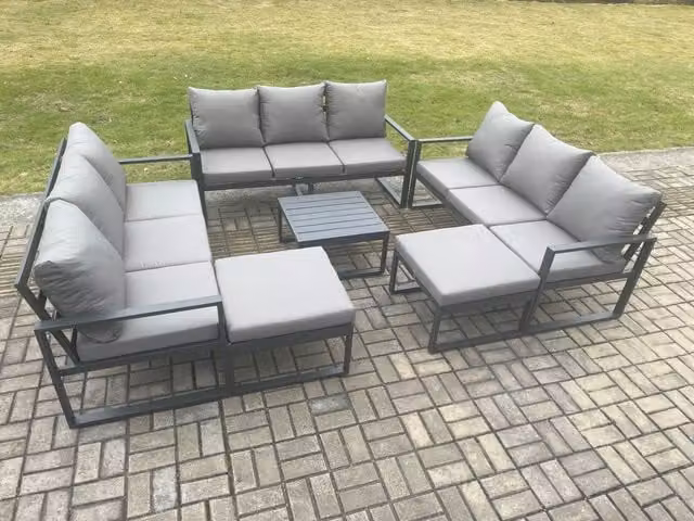 Fimous Dark Grey Aluminium Outdoor Garden Furniture Set with 3 Seater Sofa, Coffee Table and 2 Ottomans
