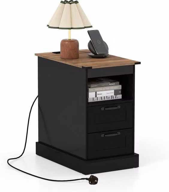 COSTWAY Narrow Side Table with Open Shelf in Black Rustic Wood