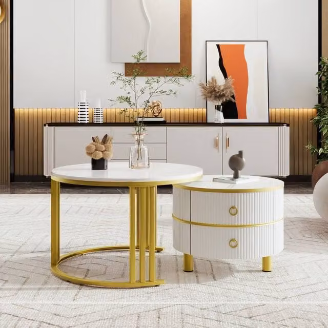 ModernLuxe Round Coffee Table and Side Table Set with White Marble Top and Storage Drawers