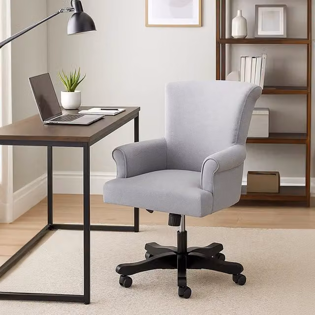 Orsina Grey Fabric Home Office Task Chair with Wooden Base and Swivel Seat