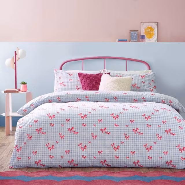 Make It A Home Reversible Blue Checked Gingham Bows Printed Duvet Cover, W: 140 cm, L: 200 cm