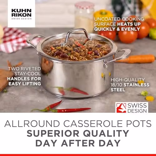 Kuhn Rikon Silver Stainless Steel Casserole Pot with Glass Lid, 4.1 l – 4