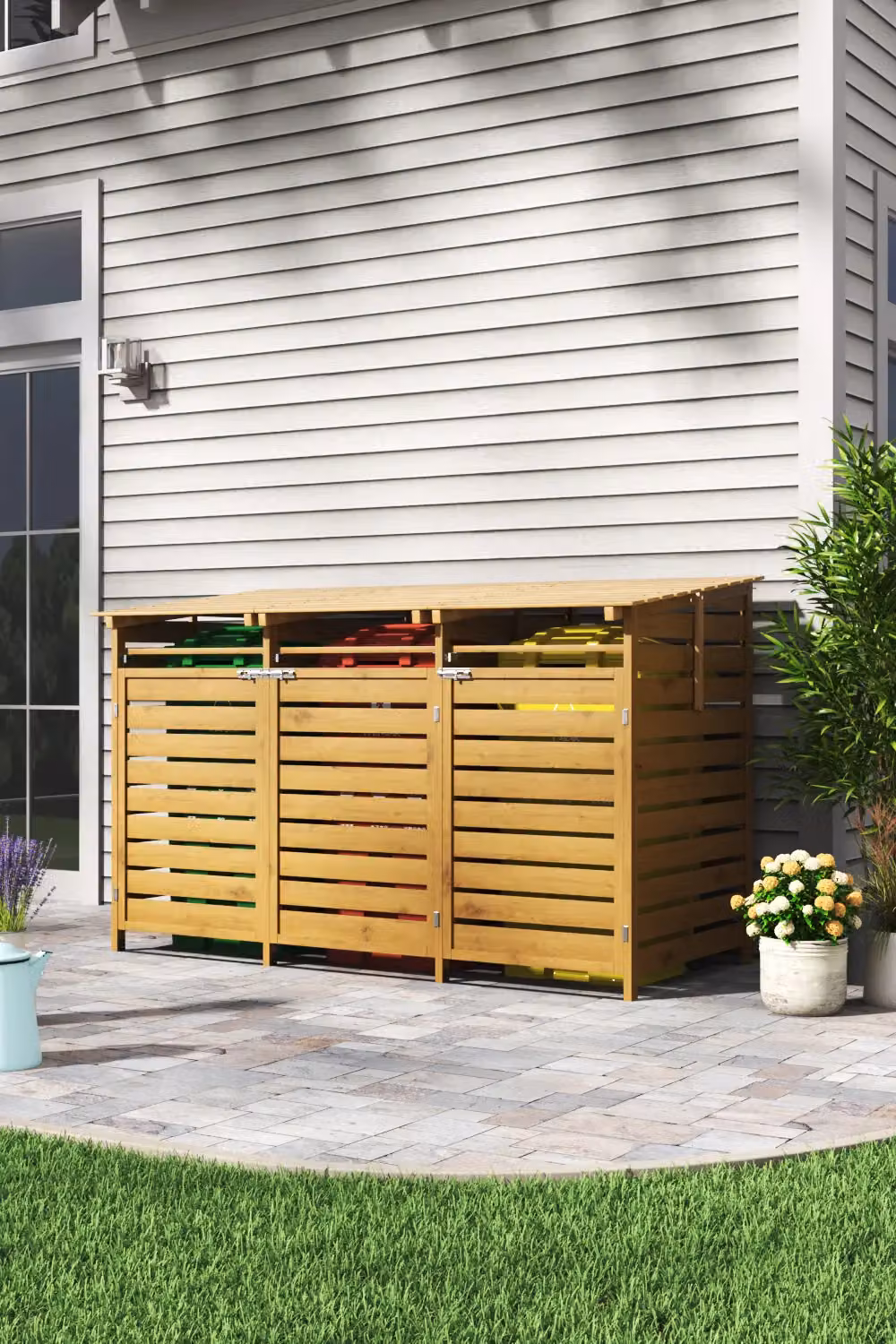 H&O Direct Brown Spruce Wood Outdoor Bin Store Storage Shed with Pent Roof, W/D/H: 198 x 122.5 x 86 cm – 2