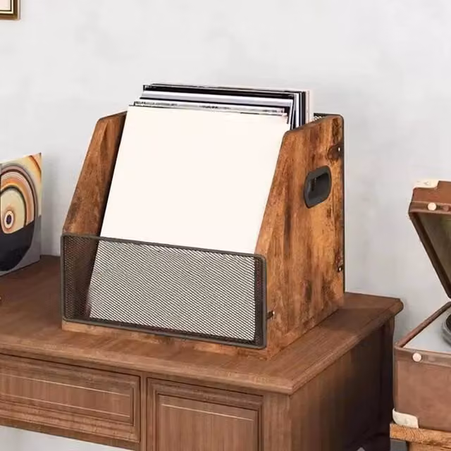 EONLION Brown Wooden Magazine and Record Storage Holder with Back Panel, W/D/H: 50 x 50 x 50 cm