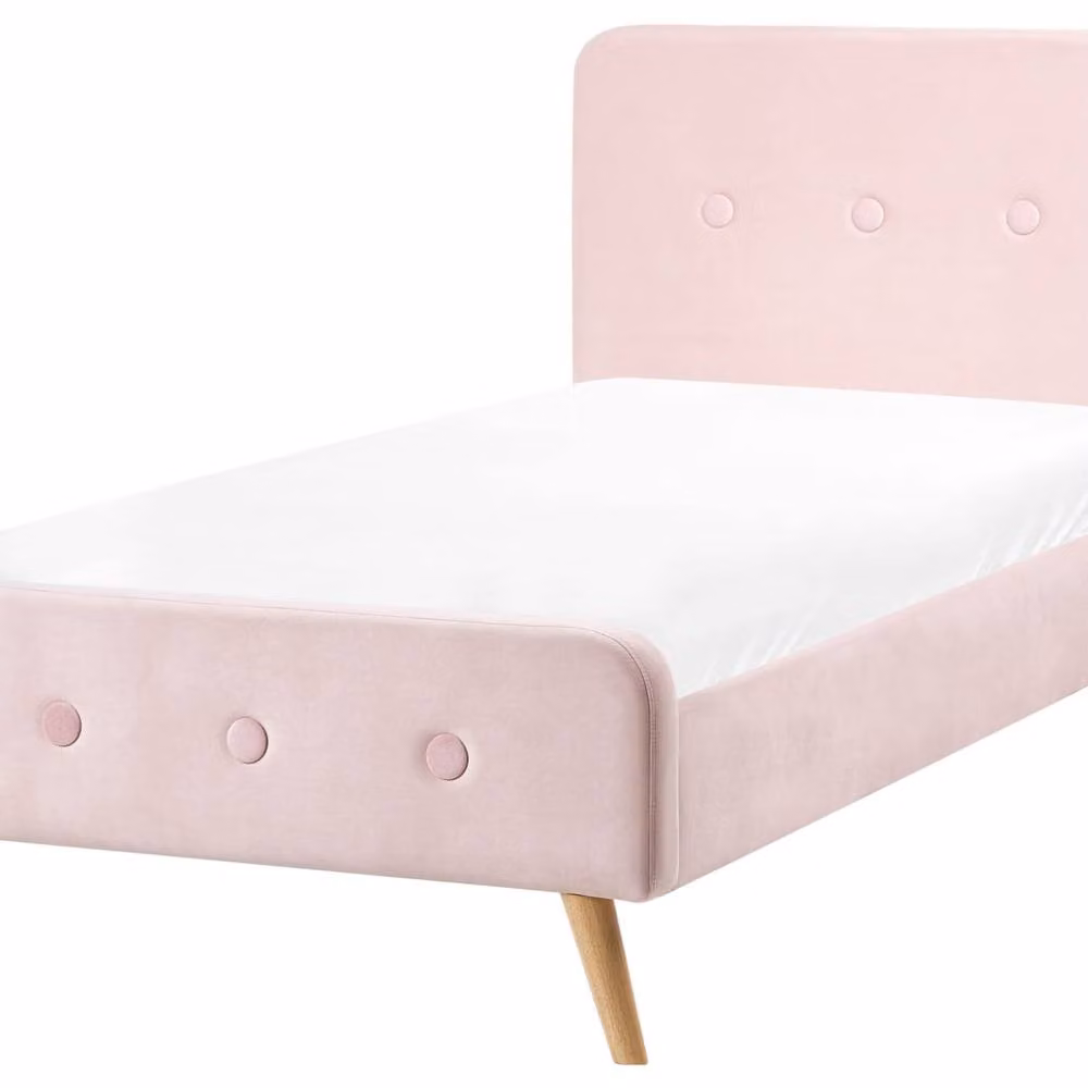 Wyld and Coco Pastel Pink Velvet Slatted Bed Frame, W: 90 cm, D: 190 cm – 2