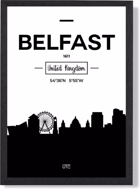 ARTZE Belfast Black and White City Skyline Framed Print in Black Frame, A3 – 1