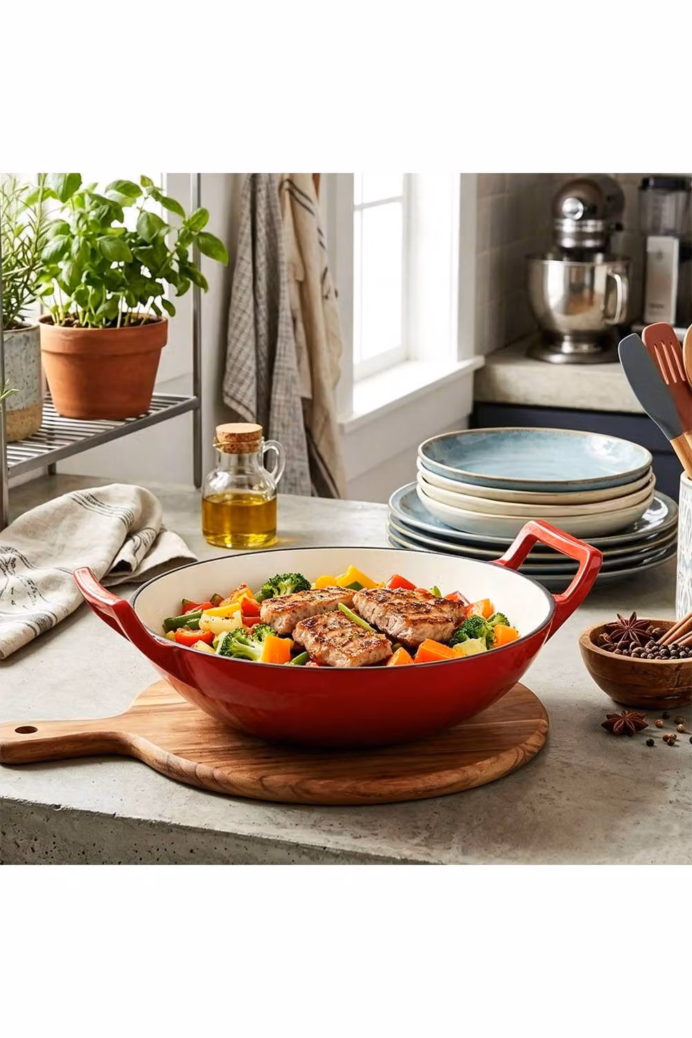 Living and Home Enamelled Cast Iron Stir-Fry Wok, Red, Depth: 30 cm – 5