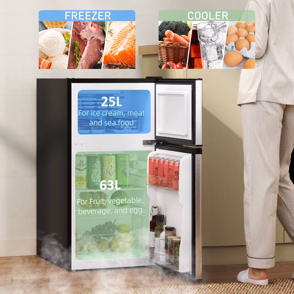 HOMCOM 88L Small Under Counter Fridge Freezer in Multicolour with 5-Setting Thermostat and LED Interior Light – 4