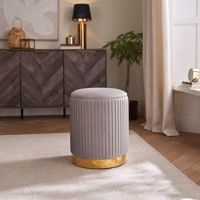 GFW Esme Velvet Pleated Storage Stool in Grey and Gold – 1
