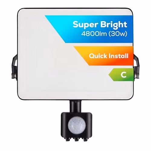 TCP 30W LED Outdoor Security Floodlight with PIR Motion Sensor, 4800lm, 4000K Cool White, IP44 Waterproof, Black – 1