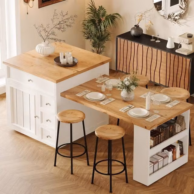 Merax White Extendable Kitchen Island Dining Table, W/D/H: 120 x 70 x 94 cm to 184 x 70 x 94 cm