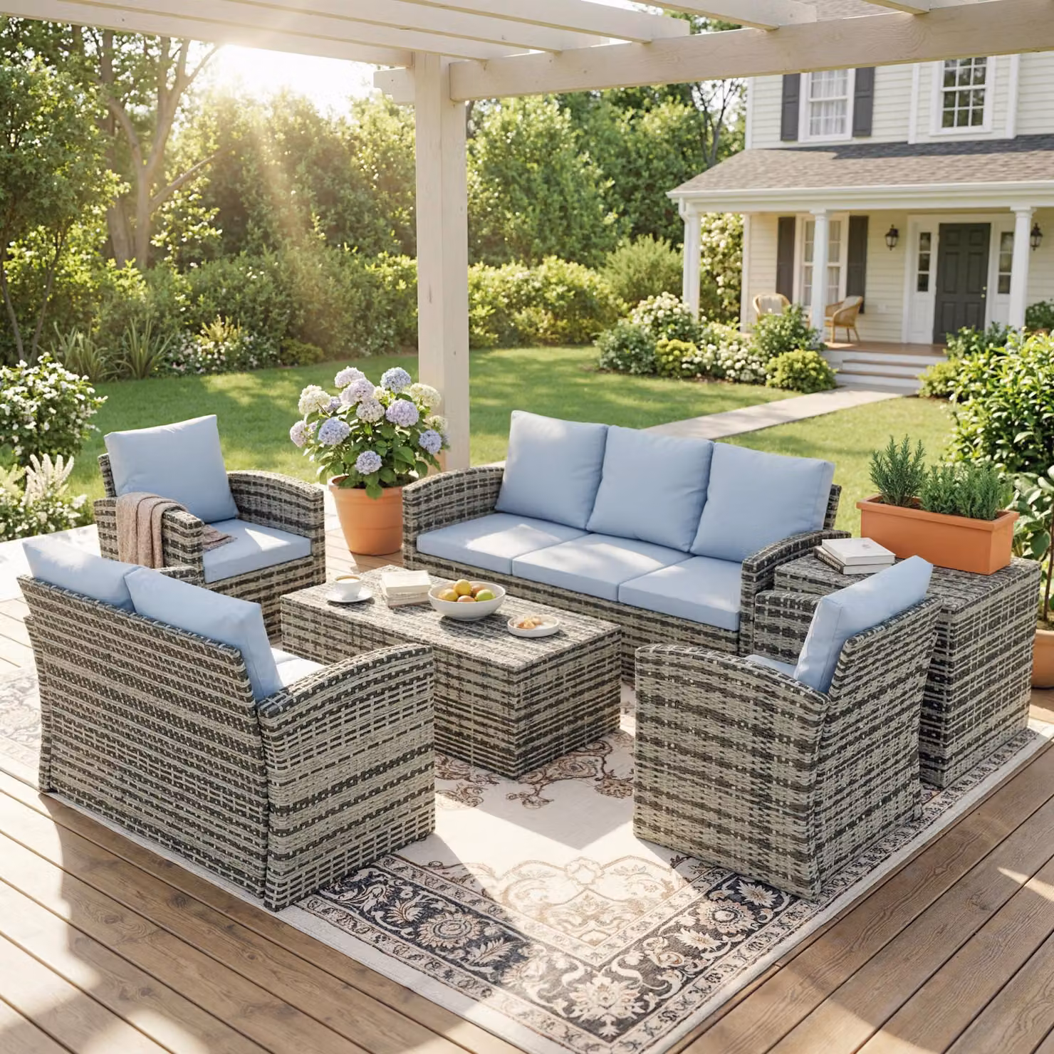 Outsunny 6 Piece Grey Rattan Garden Furniture Set with Upholstered Cushions, L-Shape Sofa, Armchairs and Coffee Table – 2