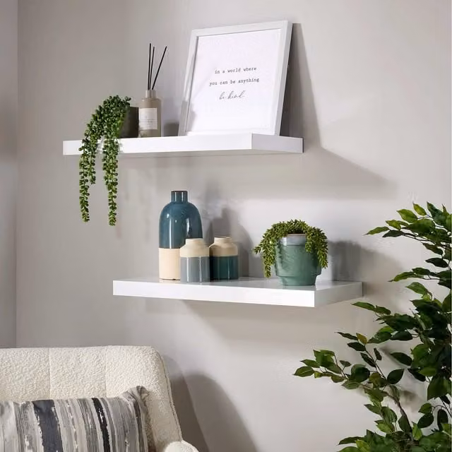 Home Source Cloud Pair of Glossy White Floating Wall Mounted Storage Shelves, Width: 60 cm