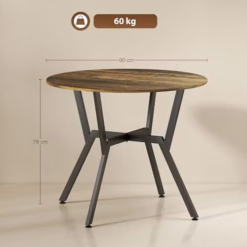 HOMCOM Round Dining Table with Black Metal Legs in Brown – 3