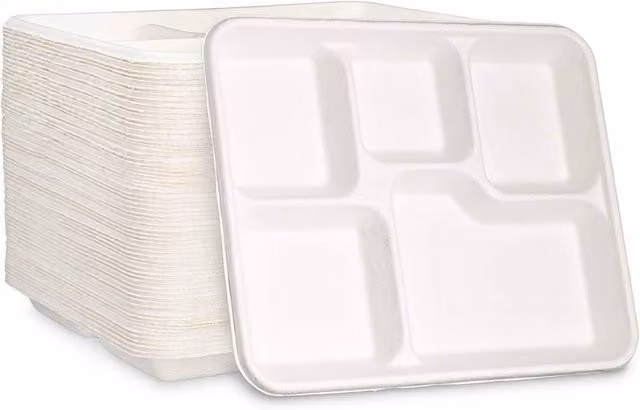 ECONX 100 Pack Heavy Duty Disposable 5 Compartment Bagasse Serving Plates in White – 1