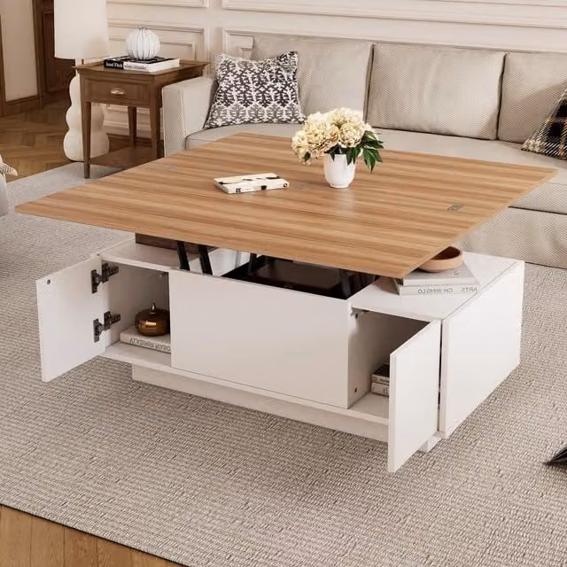 Aosom UK Lift-up Coffee Table with Hidden Storage and Dual Liftable Tops in White and Natural, W: 100 cm, D: 50 cm, H: 55.5 cm – 1