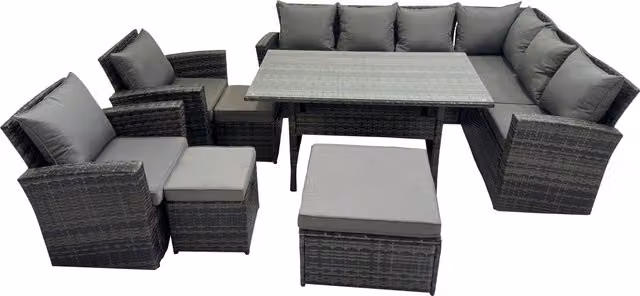 Fimous 11 Seater Modern Rattan Patio Dining Corner Sofa Set with Chairs in Dark Grey – 1