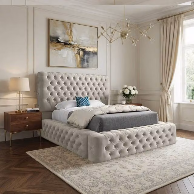 KDMD Littleton Pleated Upholstered Designer Bed Frame in Beige, Size: Single (90 x 200 cm) – 1