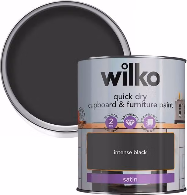 wilko Quick Dry Satin Furniture and Cupboard Paint, Black, 750ml