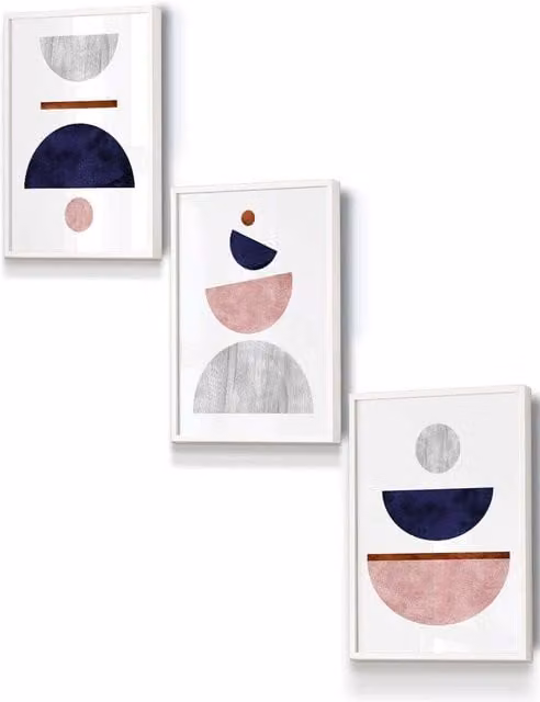 ARTZE Mid Century Abstract Geometric Framed Wall Art in Navy, Pink, Grey and White, W: 33 cm, H: 45 cm, D: 2 cm