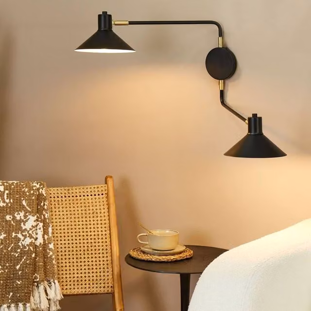 Wyld and Coco Two Light Adjustable Wall Lamp in Black and Gold Metal with Cylinder Shades