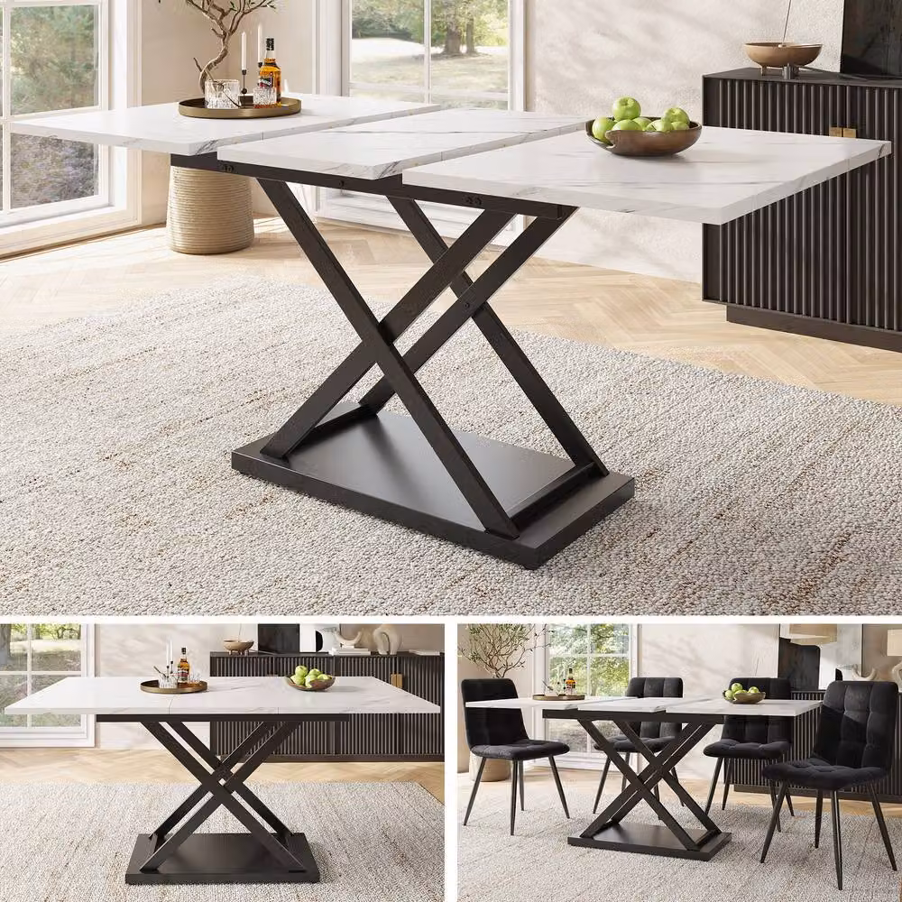 Merax Extendable Rectangular Dining Table with White Marble Effect Glossy Top and X-Frame Base, W/D/H: 120 x 80 x 75 cm – 2