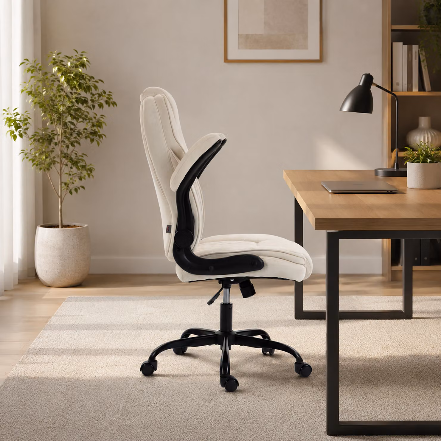 HOMCOM Ergonomic Beige Fabric Office Chair with Headrest and Adjustable Height – 6
