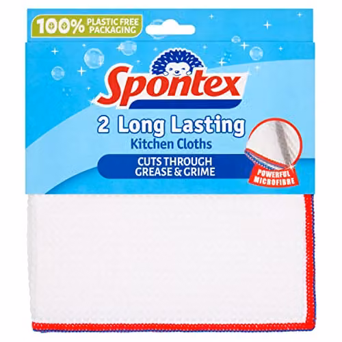 Spontex 2 Long Lasting Kitchen Cloths, White, Red and Blue, 36 x 36 cm