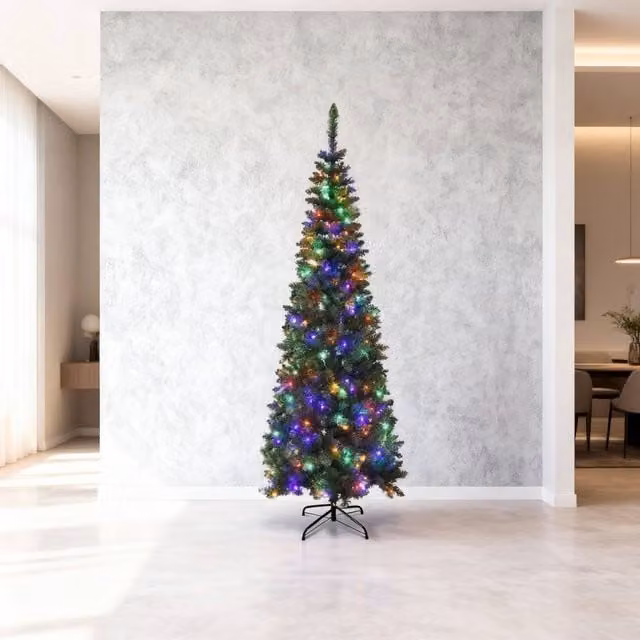 Shatchi Pre-Lit Artificial Slim Green Pencil Christmas Tree with Multicolour LED Lights and Metal Stand, Height: 6ft
