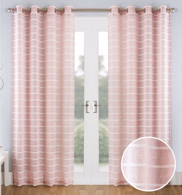 Tyrone Textiles Pair of Pink Linen-Look Sheer Voile Eyelet Panels with Chenille Stripe Design, Width: 183 cm