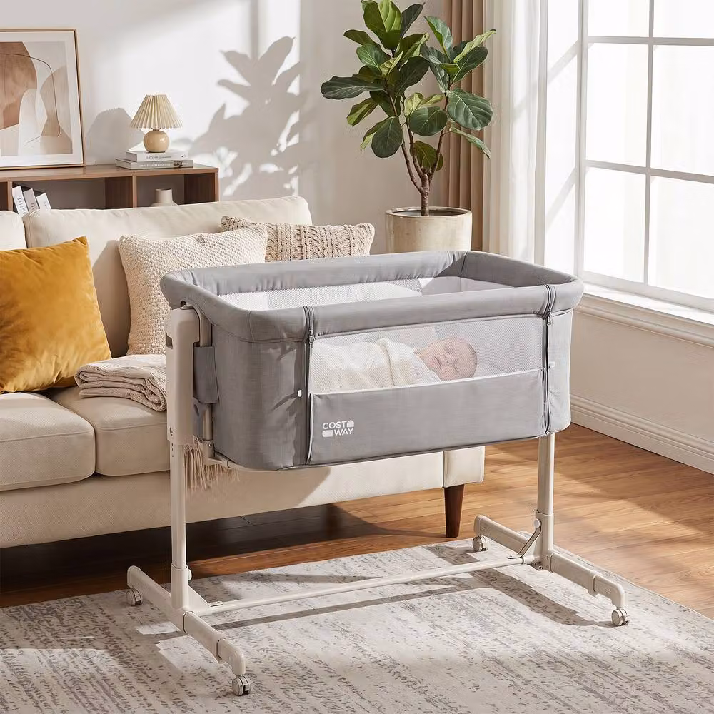 Costway 3-in-1 Height-Adjustable Baby Bedside Crib in Grey – 2