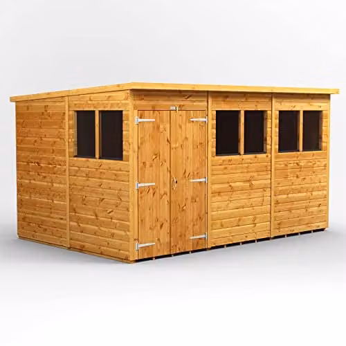 Powersheds Brown Pent Garden Wooden Shed with Double Doors and Toughened Glass, W/D/H: 370.57 x 240.4 x 260.4 cm – 1