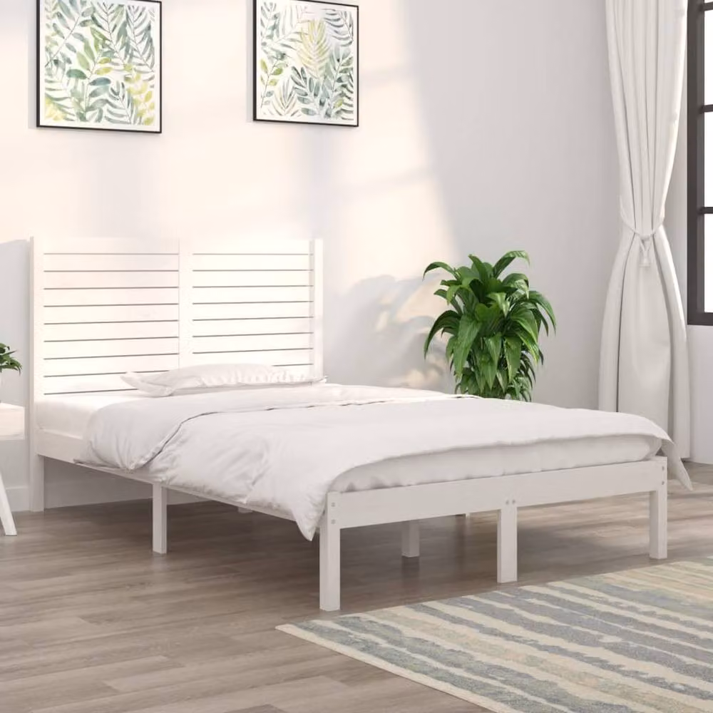 Berkfield Home White Solid Pine Wood Double Bed Frame W: 135 cm, L: 190 cm – 2