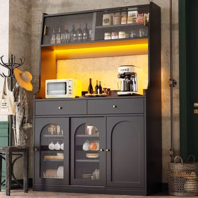 Merax Black Tall Kitchen Sideboard and Dining Dresser with Integrated Lighting and Glass Doors, W/D/H: 120 x 40 x 180 cm – 1