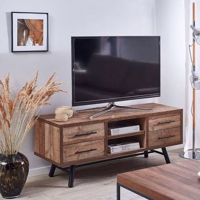 Wyld and Coco Scandinavian TV Stand in Brown with 2 Shelves and 4 Drawers, W/D/H: 127.0 x 40.0 x 51.0 cm