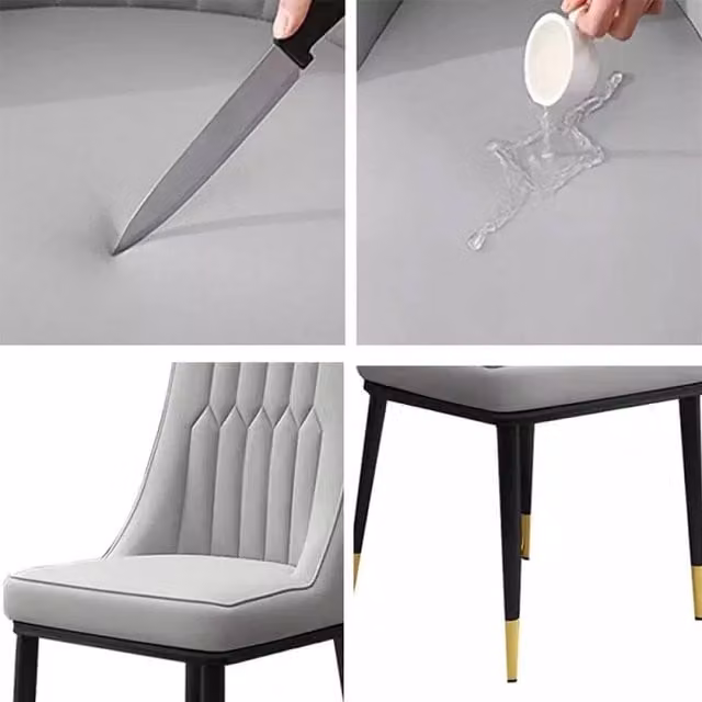 FLAVORA Set of 2 Grey Faux Leather Padded Dining Chairs with Metal Legs
