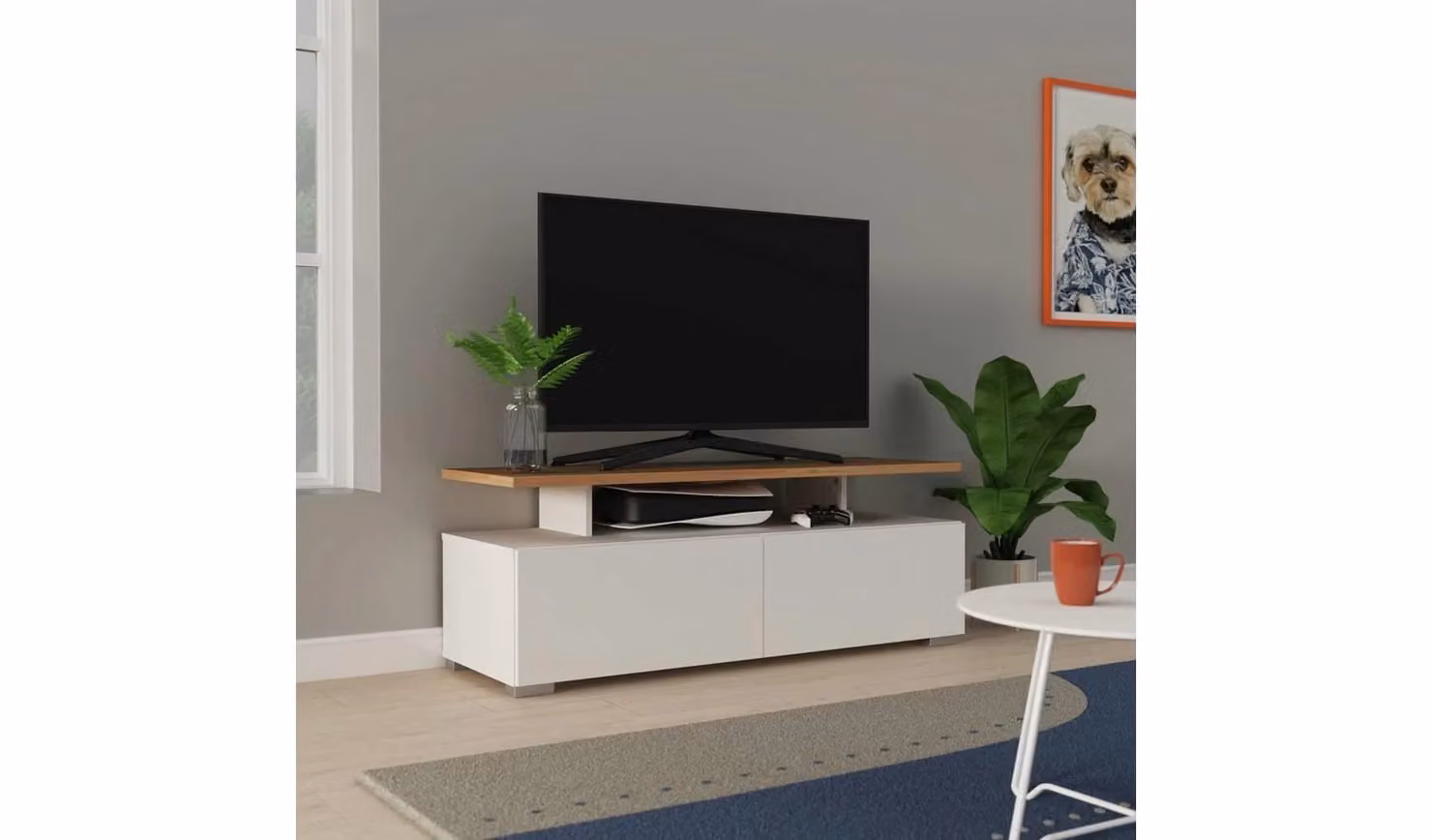 Modern White Floating Top TV Unit with 2 Drawers and Open Storage, W: 120 cm, D: 39.6 cm, H: 45 cm